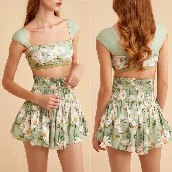 Retro Pale Green Floral Shirred High Waist Drawstring Beach Skirt - Picture 3 of 16